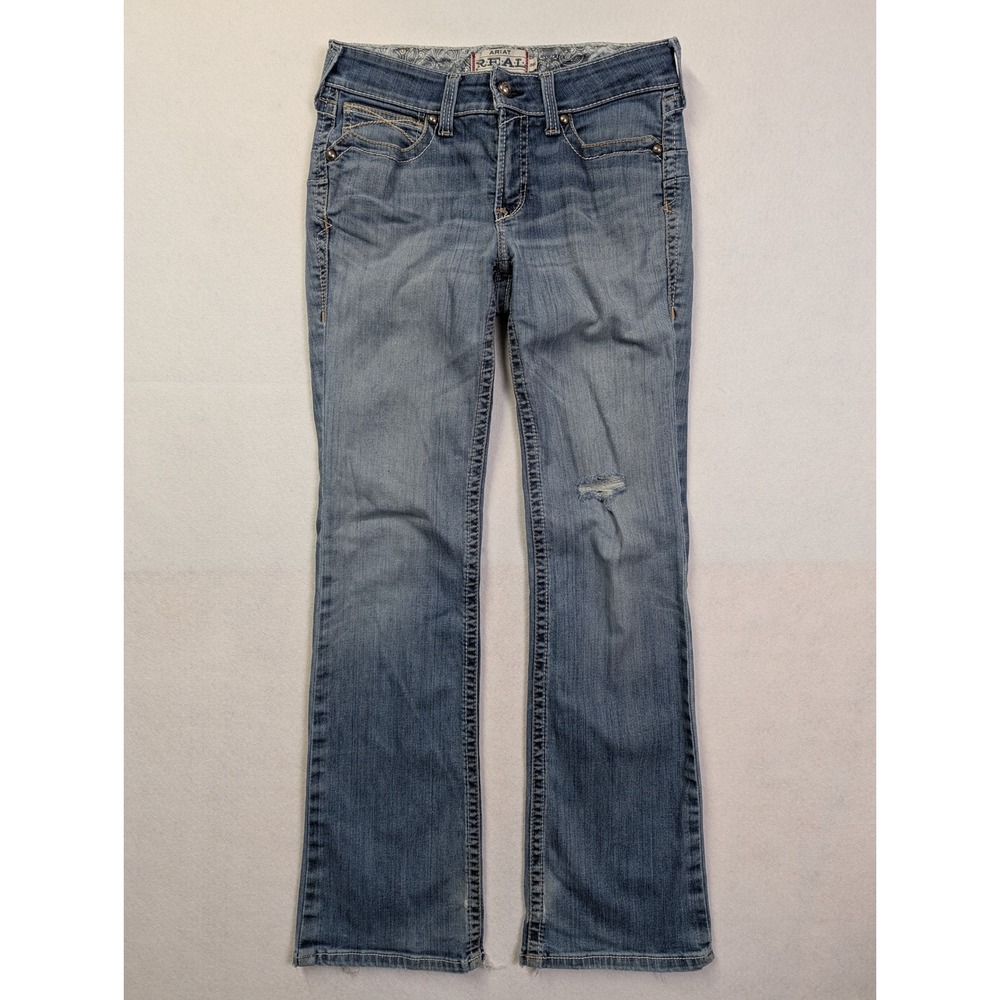 Ariat Womens REAL Bootcut‎ Jeans 30L Workwear Distressed Embroidered Blue